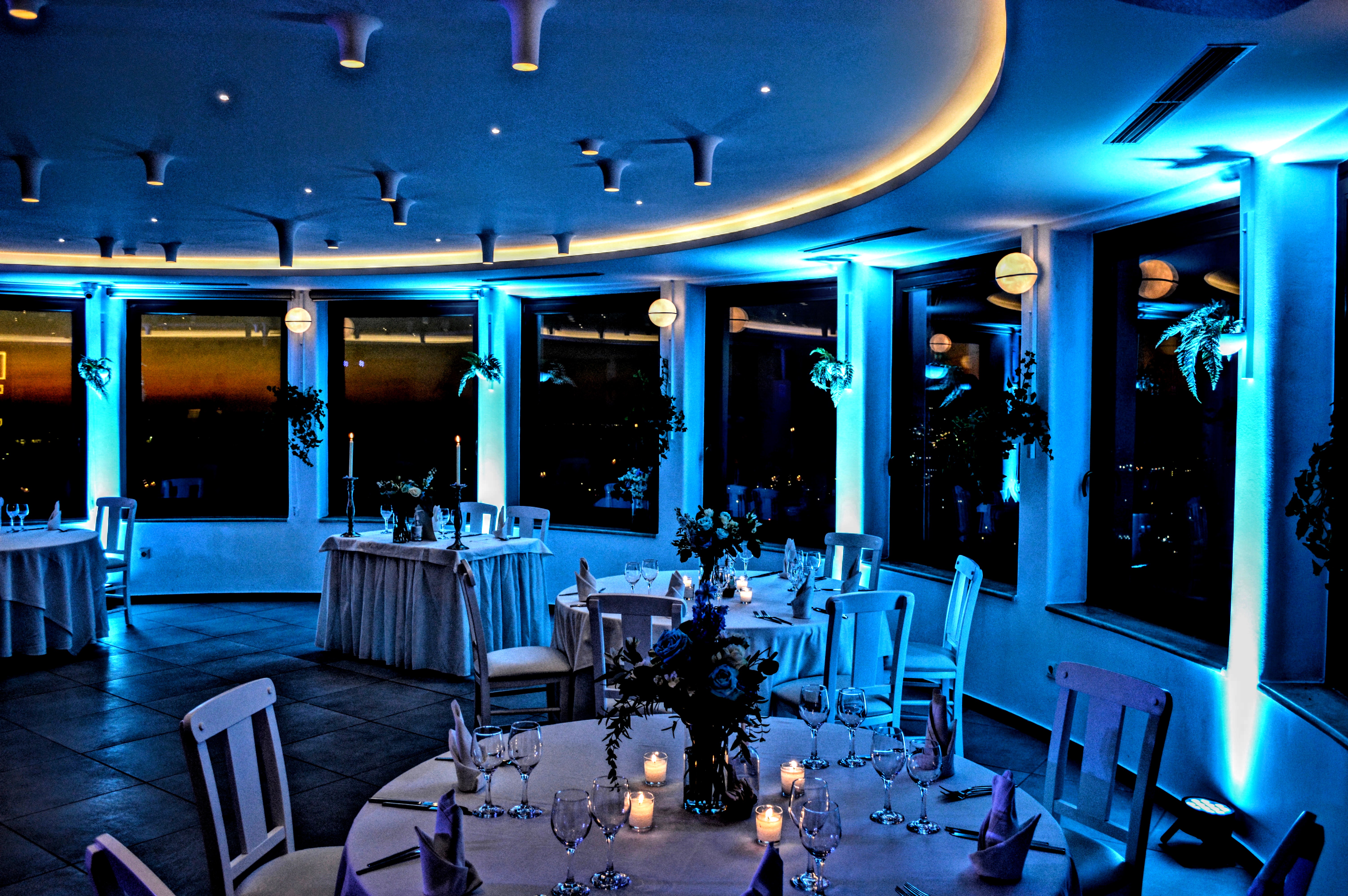 Decorative lights - uplights - Wedding at Pyrgos restaurant Santorini